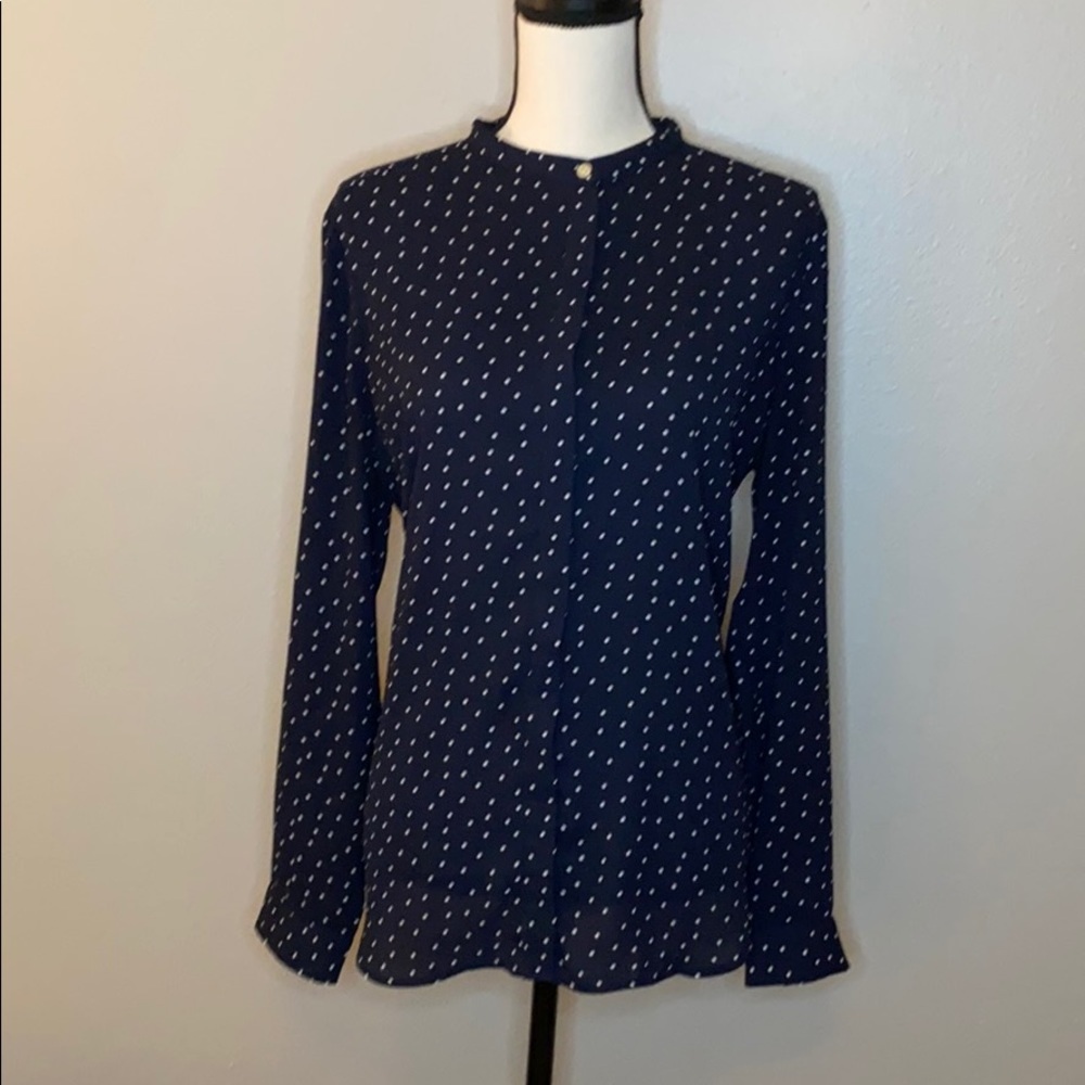 Loft Navy Polka Dot Blouse, with Roll sleeves